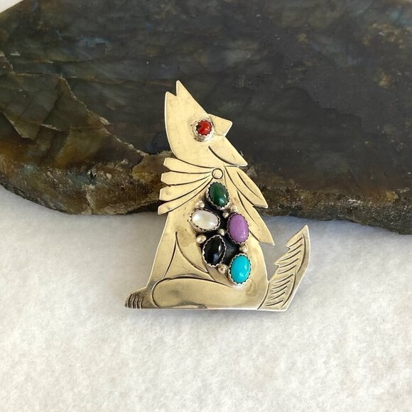 VTG Sterling Silver Signed Andrea Southwest Multi Gemstone Wolf Pendant Brooch